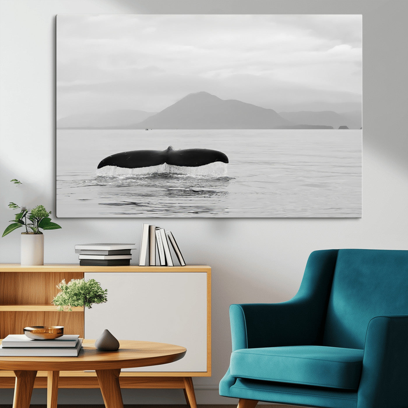 30524220-MGV-CV-36X24-Whale Tail Wall Art Canvas Print, Framed Black White Ocean Art Picture Print, Calm Marine Perfect Minimalist Coastal Decor Artwork