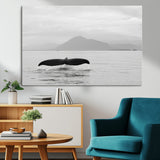 30524220-MGV-CV-36X24-Whale Tail Wall Art Canvas Print, Framed Black White Ocean Art Picture Print, Calm Marine Perfect Minimalist Coastal Decor Artwork