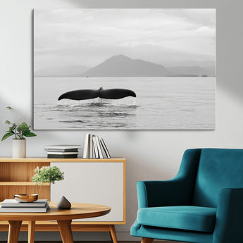 30524220-MGV-CV-36X24-Whale Tail Wall Art Canvas Print, Framed Black White Ocean Art Picture Print, Calm Marine Perfect Minimalist Coastal Decor Artwork