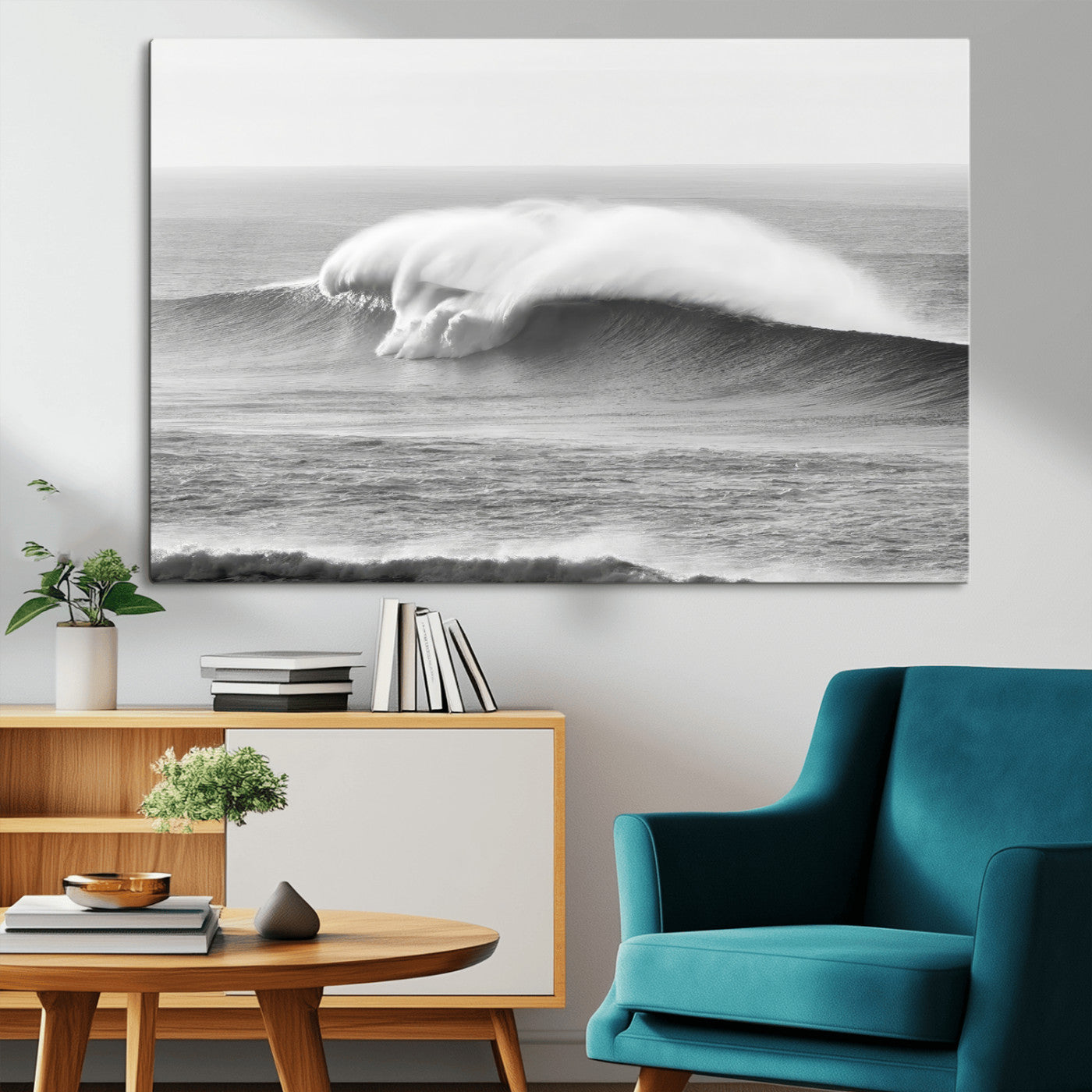 42544082-MGV-CV-36X24-Monochrome Seascape Wall Art Canvas Print, Framed Surf Wave Art Picture Print, Minimalist Ocean Perfect Moody Coastal Decor