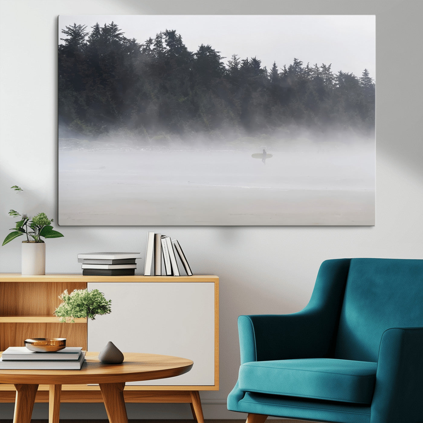 59703275-MGV-CV-36X24-Surfer in Fog Wall Art Canvas Print, Framed Foggy Beach Art Picture Print, Coastal Surf Perfect Moody Coastal Decor Artwork