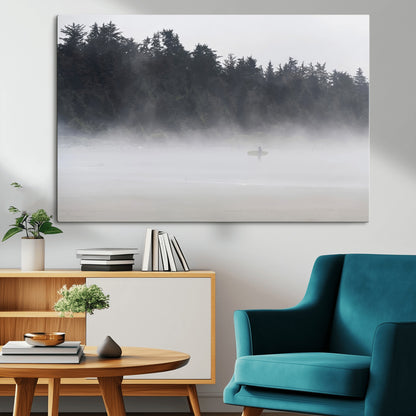 59703275-MGV-CV-36X24-Surfer in Fog Wall Art Canvas Print, Framed Foggy Beach Art Picture Print, Coastal Surf Perfect Moody Coastal Decor Artwork