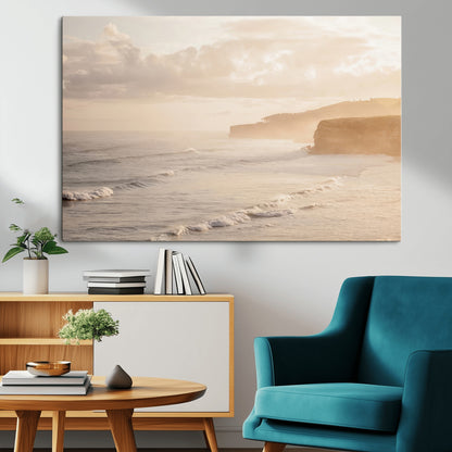 57669769-MGV-CV-36X24-Misty Coastal Wall Art Canvas Print, Framed Golden Sunset Art Picture Print, Serene Shoreline Perfect Tranquil Coastal Decor