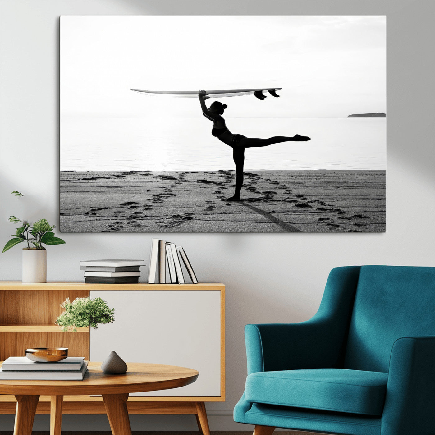 28441356-MGV-CV-36X24-Yoga Surf Wall Art Canvas Print, Framed Black White Shore Art Picture Print, Peaceful Ocean Perfect Minimalist Coastal Decor