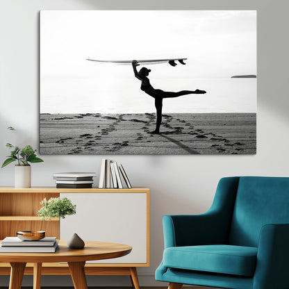 28441356-MGV-CV-36X24-Yoga Surf Wall Art Canvas Print, Framed Black White Shore Art Picture Print, Peaceful Ocean Perfect Minimalist Coastal Decor