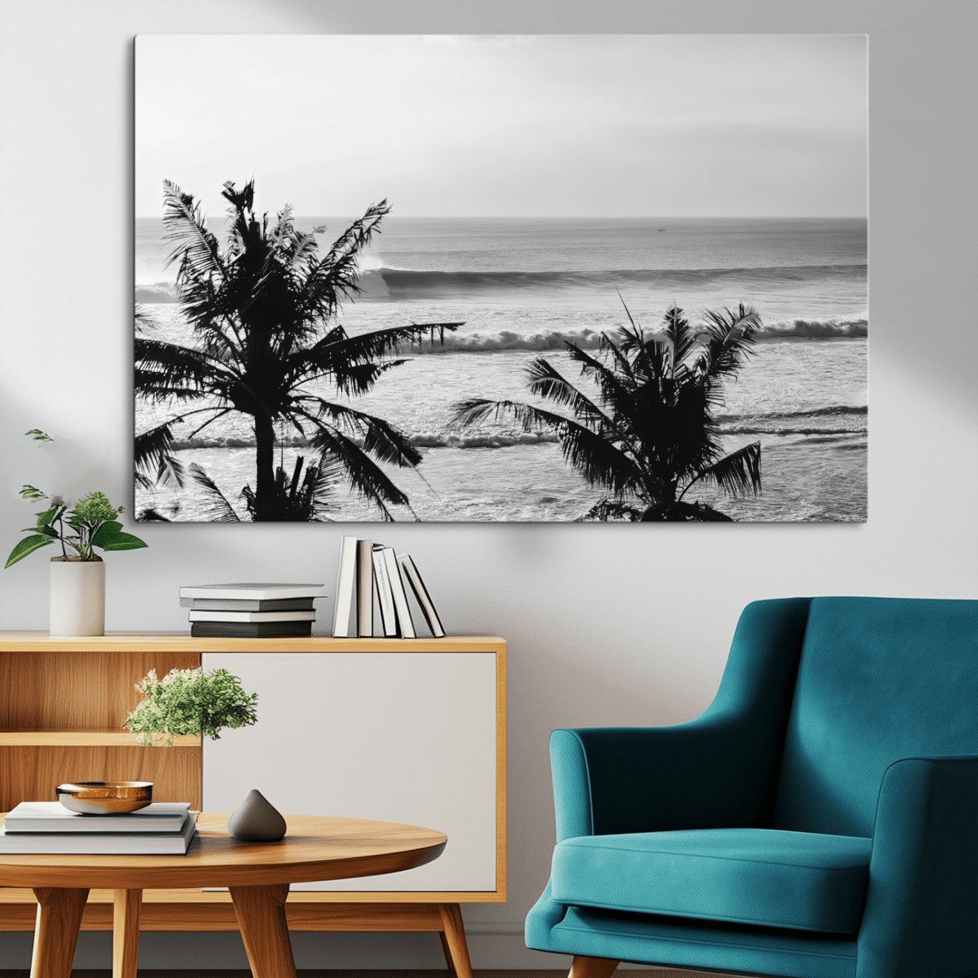 17508038-MGV-CV-36X24-Tropical Coastline Wall Art Canvas Print, Framed Palm Trees Art Picture Print, Ocean Waves Perfect Minimalist Coastal Decor