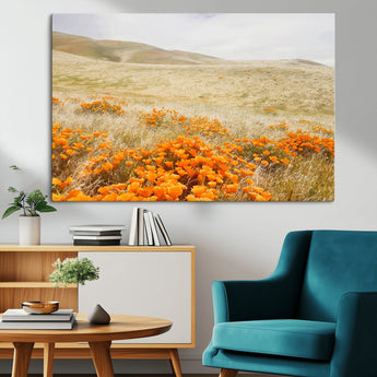 28972262-MGV-CV-36X24-Golden Wildflowers Wall Art Canvas Print, Framed Hills Bloom Art Picture Print, Poppy Meadow Perfect Rustic Nature Decor Artwork