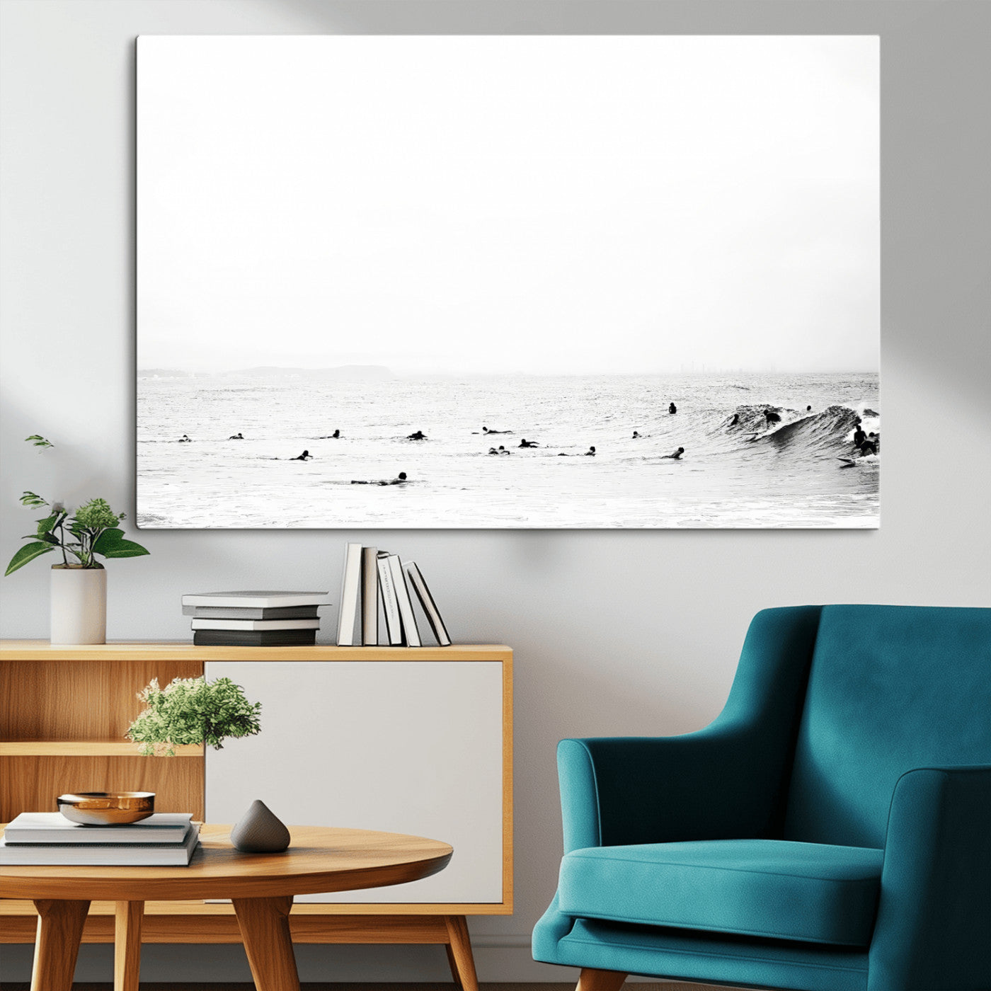 38441169-MGV-CV-36X24-Monochrome Swimming Wall Art Canvas Print, Framed Ocean Horizon Art Picture Print, Moody Coastal Perfect Minimalist Coastal Decor