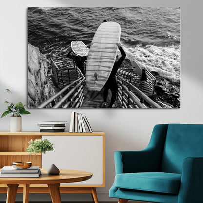 32353707-MGV-CV-36X24-Black White Surfing Wall Art Canvas Print, Framed Coastal Surfing Art Picture Print, Wave Riders Perfect Coastal Adventure Decor