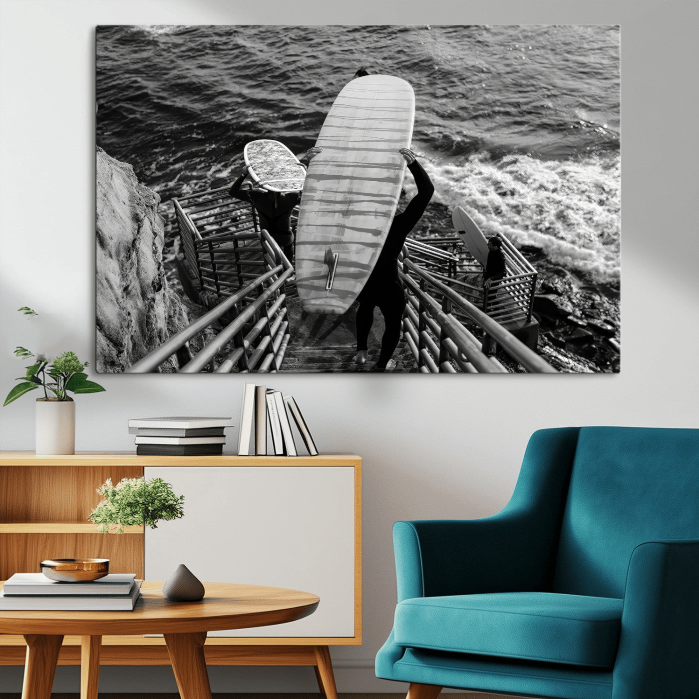 32353707-MGV-CV-36X24-Black White Surfing Wall Art Canvas Print, Framed Coastal Surfing Art Picture Print, Wave Riders Perfect Coastal Adventure Decor