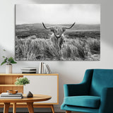 24051061-MGV-CV-36X24-Monochrome Highland Cow Wall Art Canvas Print, Framed Scottish Bull Art Picture Print, Lone Cattle Perfect Rustic Farmhouse Decor