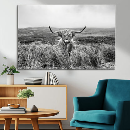 24051061-MGV-CV-36X24-Monochrome Highland Cow Wall Art Canvas Print, Framed Scottish Bull Art Picture Print, Lone Cattle Perfect Rustic Farmhouse Decor