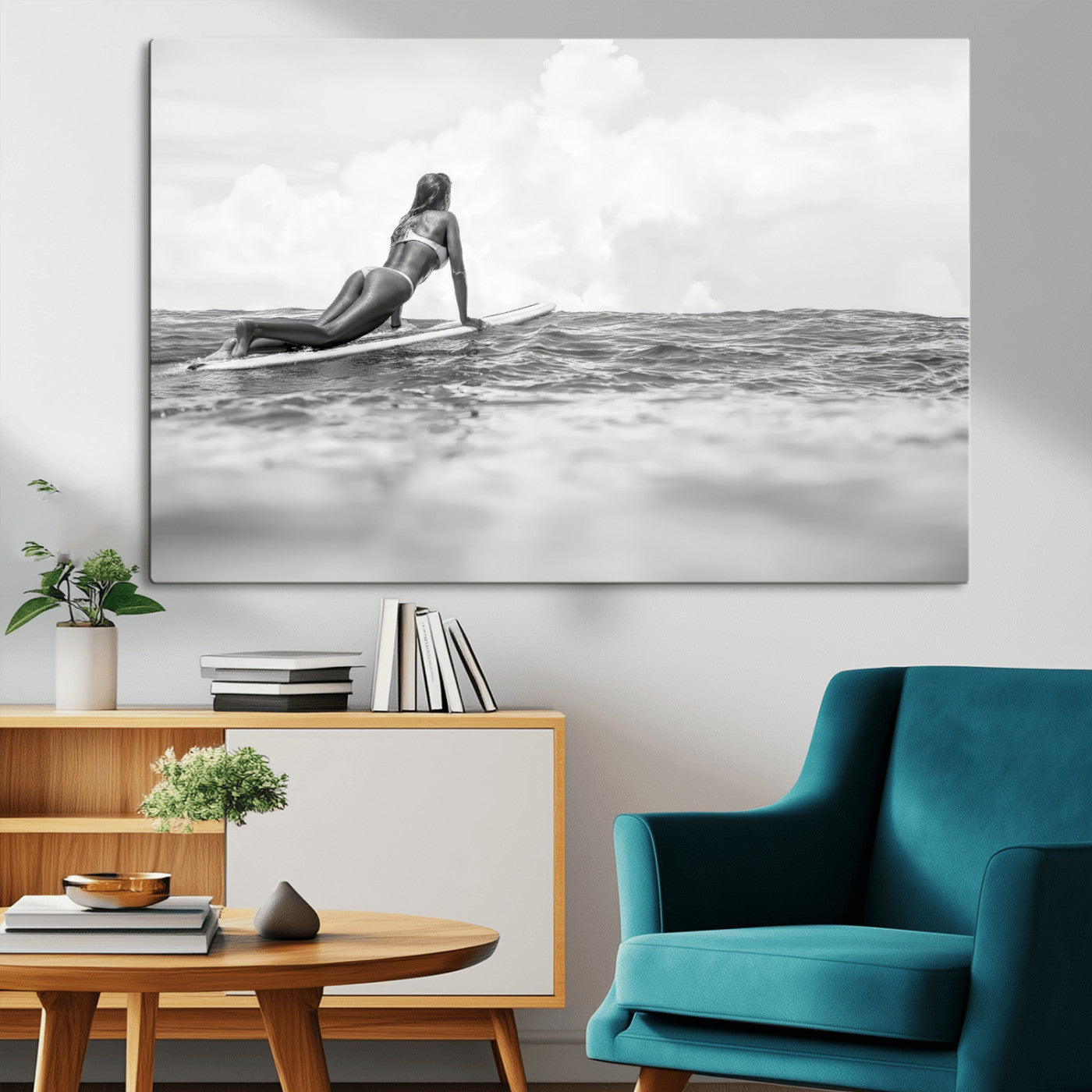 69798068-MGV-CV-36X24-Black White Surfing Wall Art Canvas Print, Framed Ocean Horizon Art Picture Print, Surfer Girl Perfect Coastal Adventure Decor