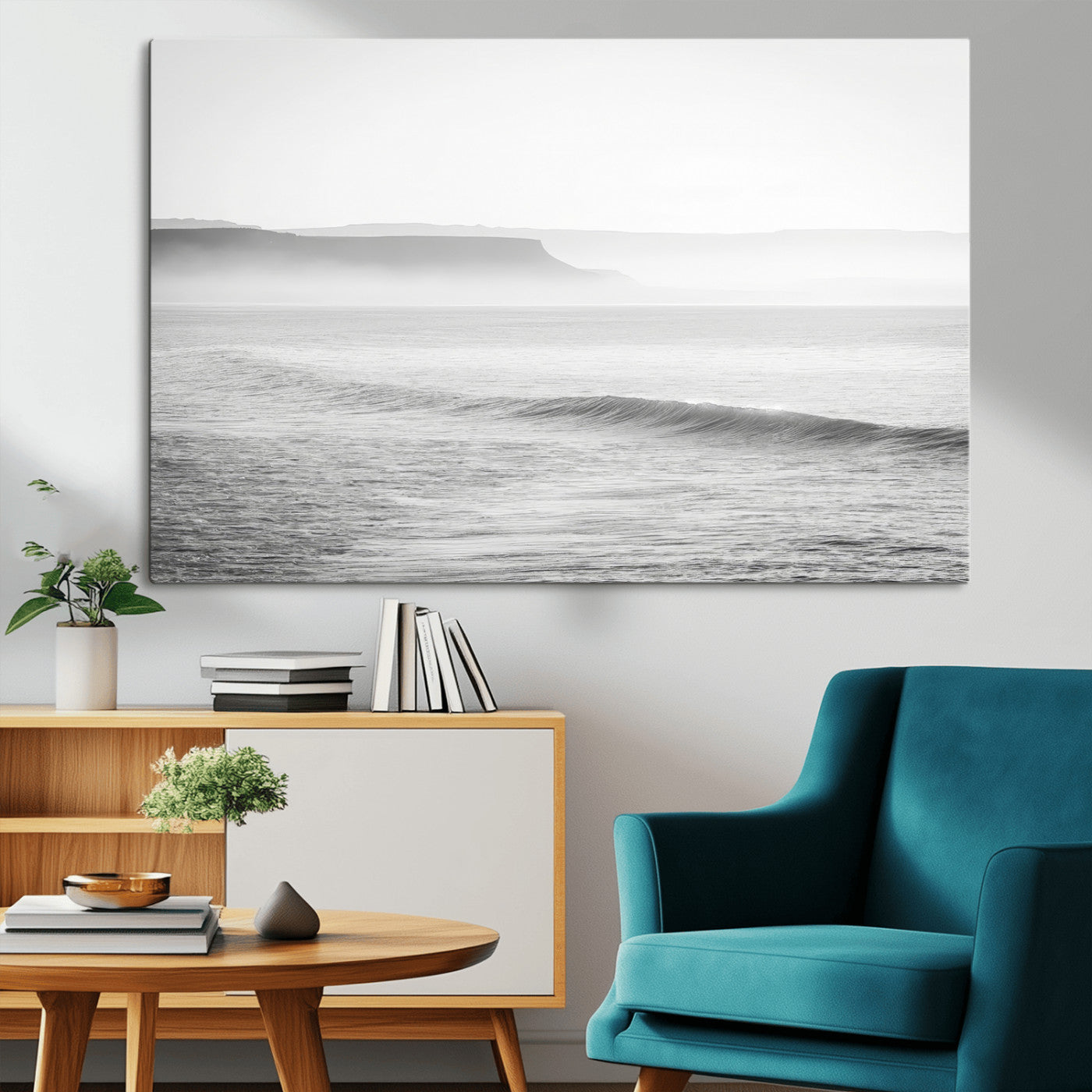 60635783-MGV-CV-36X24-Black White Seascape Wall Art Canvas Print, Framed Ocean Waves Art Picture Print, Misty Coastal Perfect Minimalist Coastal Decor