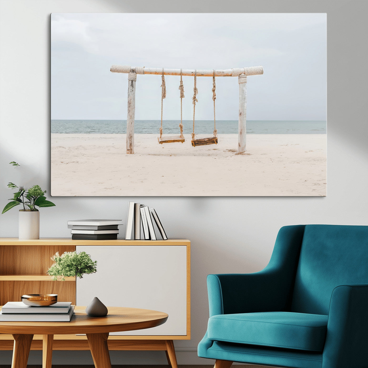 68327283-MGV-CV-36X24-Beach Swing Wall Art Canvas Print, Framed Quiet Beach Art Picture Print, Calm Shoreline Perfect Bohemian Coastal Decor Artwork