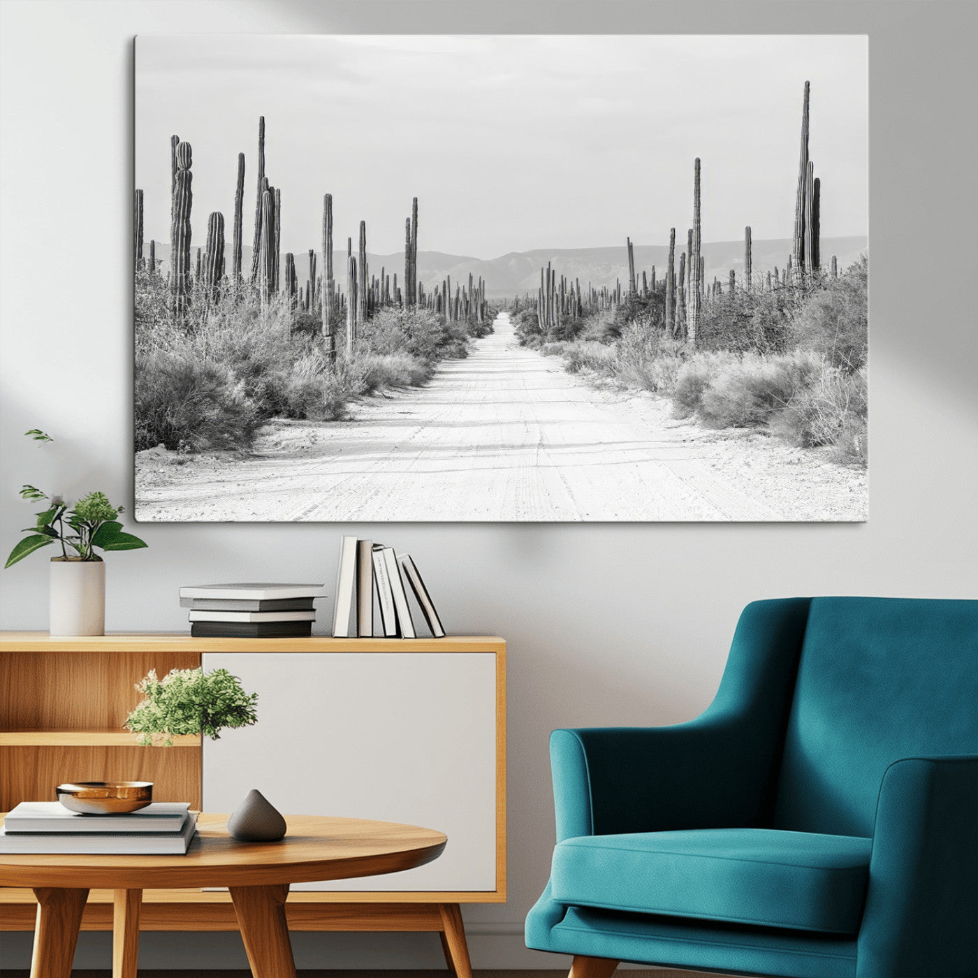 35537313-MGV-CV-36X24-Monochrome Desert Wall Art Canvas Print, Framed Cactus Path Art Picture Print, Southwestern Landscape Perfect Southwestern