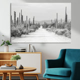 35537313-MGV-CV-36X24-Monochrome Desert Wall Art Canvas Print, Framed Cactus Path Art Picture Print, Southwestern Landscape Perfect Southwestern