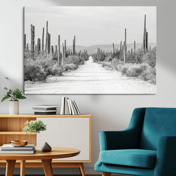 35537313-MGV-CV-36X24-Monochrome Desert Wall Art Canvas Print, Framed Cactus Path Art Picture Print, Southwestern Landscape Perfect Southwestern
