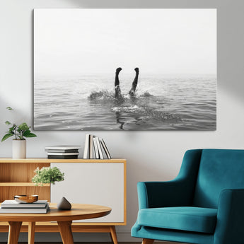 26667396-MGV-CV-36X24-Black White Ocean Wall Art Canvas Print, Framed Monochrome Water Art Picture Print, Diving into Water Perfect Minimalist Aquatic