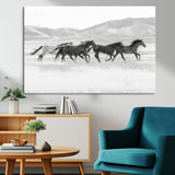69934913-MGV-CV-36X24-Wild Horses Running Wall Art Canvas Print, Framed Black White Mustangs Art Picture Print, Rustic Western Perfect Rustic Western