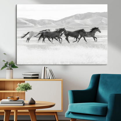 69934913-MGV-CV-36X24-Wild Horses Running Wall Art Canvas Print, Framed Black White Mustangs Art Picture Print, Rustic Western Perfect Rustic Western