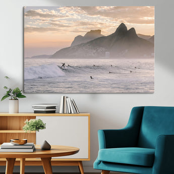 70644906-MGV-CV-36X24-Sunset Surfing Wall Art Canvas Print, Framed Misty Mountains Art Picture Print, Surfer Riding Wave Perfect Coastal Adventure Decor