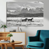 21655040-MGV-CV-36X24-Wild Horses Wall Art Canvas Print, Framed Black White Mountains Art Picture Print, Rustic Countryside Perfect Rustic Western Decor