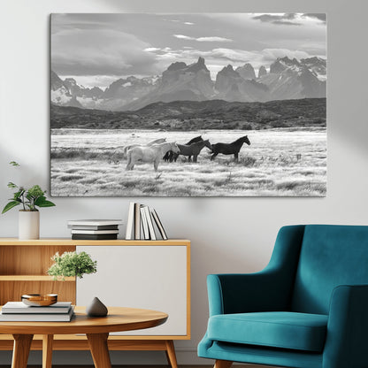 21655040-MGV-CV-36X24-Wild Horses Wall Art Canvas Print, Framed Black White Mountains Art Picture Print, Rustic Countryside Perfect Rustic Western Decor