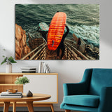 84555848-MGV-CV-36X24-Surfer Stairway Wall Art Canvas Print, Framed Ocean Surf Art Picture Print, Sunset Coastal Perfect Coastal Adventure Decor Artwork