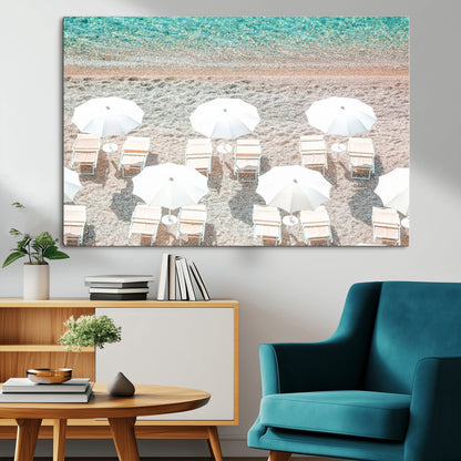 83736167-MGV-CV-36X24-Calm Beach Wall Art Canvas Print, Framed Turquoise Water Art Picture Print, Umbrella Shoreline Perfect Coastal Minimalist Decor