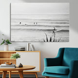 33821421-MGV-CV-36X24-Surfer Silhouette Wall Art Canvas Print, Framed Calm Ocean Art Picture Print, Monochrome Surf Perfect Minimalist Coastal Decor