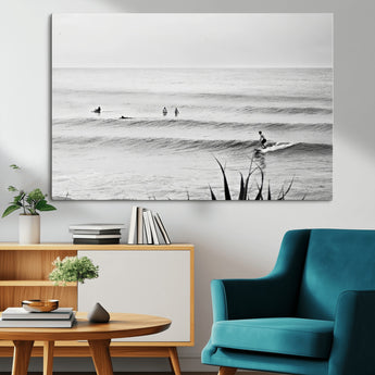33821421-MGV-CV-36X24-Surfer Silhouette Wall Art Canvas Print, Framed Calm Ocean Art Picture Print, Monochrome Surf Perfect Minimalist Coastal Decor