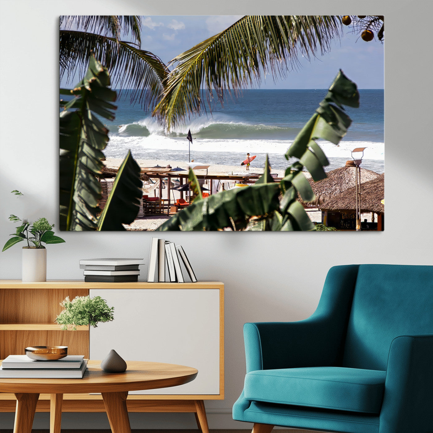 34722557-MGV-CV-36X24-Tropical Shoreline Wall Art Canvas Print, Framed Surfer Beach Art Picture Print, Coastal Surf Perfect Tropical Coastal Decor