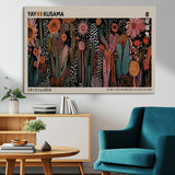 28344895-MGV-CV-36X24-Dark Floral Abstract Wall Art Poster – Modern Botanical Canvas Print with Beige Border, Kusama Inspired Boho Flower Painting,