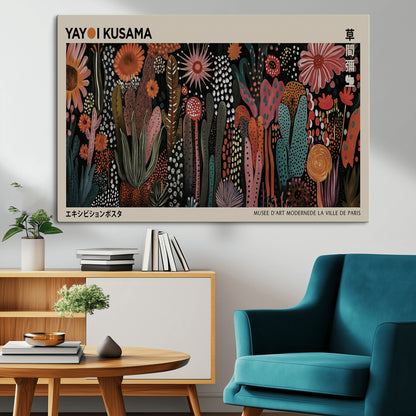 28344895-MGV-CV-36X24-Dark Floral Abstract Wall Art Poster – Modern Botanical Canvas Print with Beige Border, Kusama Inspired Boho Flower Painting,