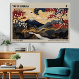 54967195-MGV-CV-36X24-Mount Fuji Wall Art – Japanese Cherry Blossom Abstract Canvas Print, Navy Gold Landscape Painting, Oriental Luxury Home Decor