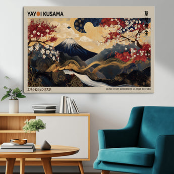 54967195-MGV-CV-36X24-Mount Fuji Wall Art – Japanese Cherry Blossom Abstract Canvas Print, Navy Gold Landscape Painting, Oriental Luxury Home Decor