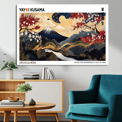 66243961-MGV-CV-36X24-Mount Fuji Japanese Wall Art – Golden Abstract Landscape Canvas Print, Cherry Blossom Painting, Modern Oriental Zen Home Decor