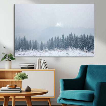 33033082-MGV-CV-36X24-Winter Forest Art Wall Art Canvas Print, Framed Snowy Landscape Art Picture Print, Misty Tree Scene Perfect Nordic Minimalist