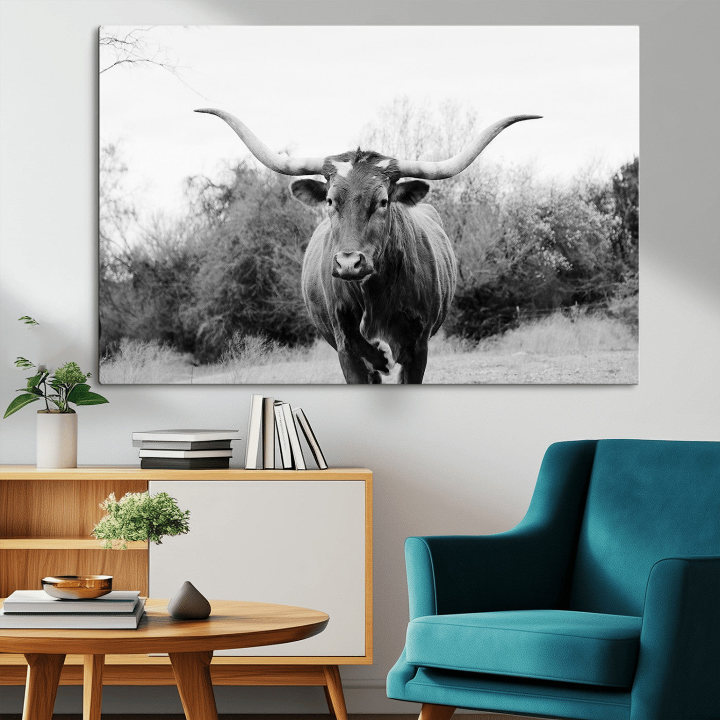 97280319-MGV-CV-36X24-Longhorn Photography Wall Art Canvas Print, Framed Western Cow Decor Art Picture Print, Texas Ranch Style Perfect Rustic Farmhouse