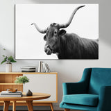 99244177-MGV-CV-36X24-Longhorn Photography Wall Art Canvas Print, Framed Western Cow Decor Art Picture Print, Black White Bull Perfect Modern Rustic
