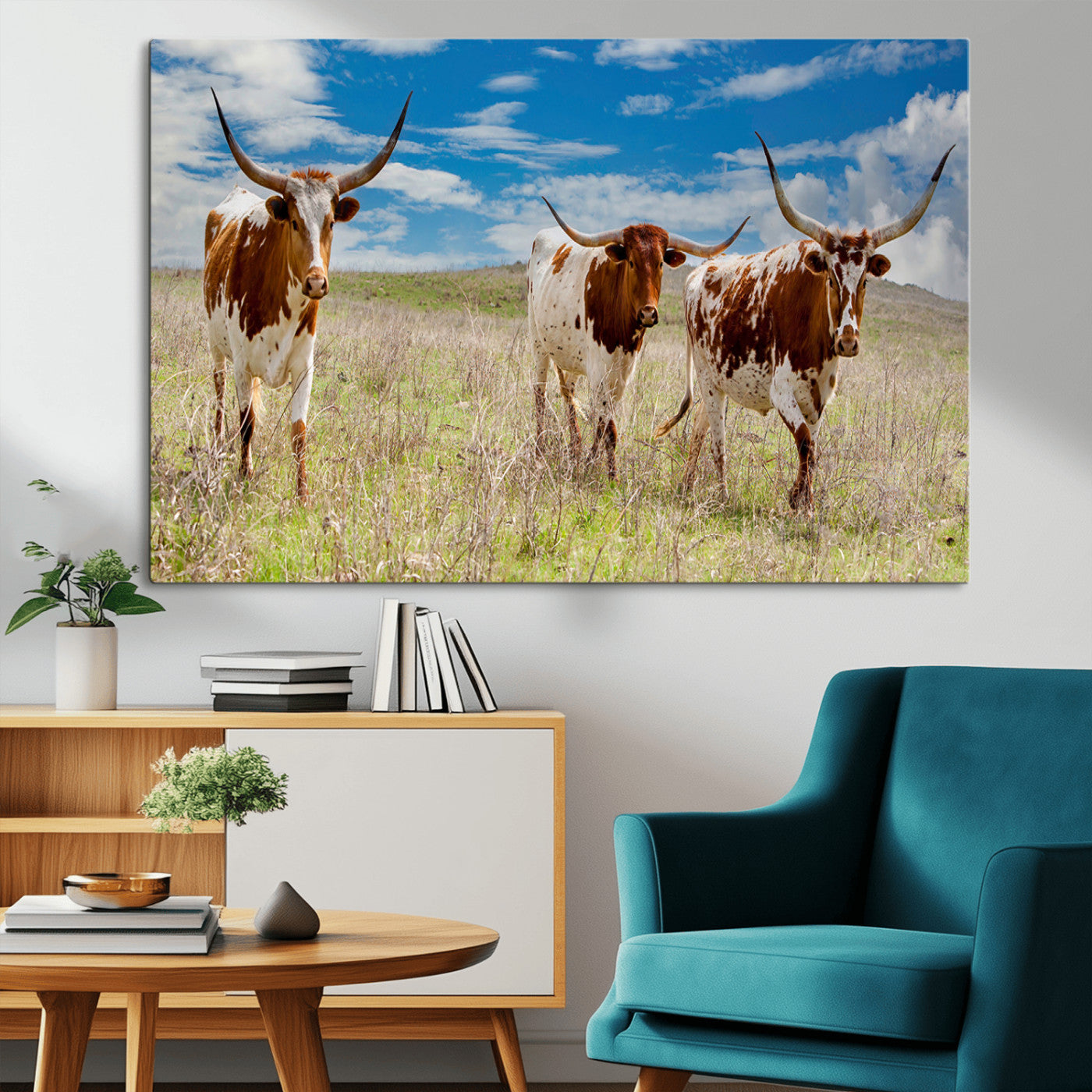 58099948-MGV-CV-36X24-Texas Longhorn Wall Art Canvas Print, Framed Western Decor Art Picture Print, Rustic Farmhouse Perfect Western Farmhouse Decor
