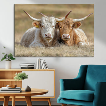 53388593-MGV-CV-36X24-Cow Photography Wall Art Canvas Print, Framed Rustic Animal Decor Art Picture Print, Texas Cow Pair Perfect Western Farmhouse