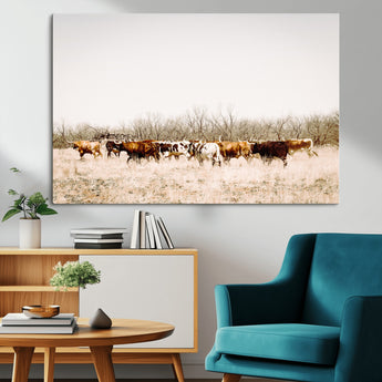 12454132-MGV-CV-36X24-Cow Herd Photography Wall Art Canvas Print, Framed Rustic Farmhouse Decor Art Picture Print, Western Ranch Style Perfect Rustic