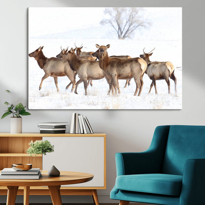 68738684-MGV-CV-36X24-Winter Elk Scene Wall Art Canvas Print, Framed Wildlife Photography Art Picture Print, Snowy Deer Decor Perfect Rustic Lodge Decor