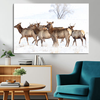68738684-MGV-CV-36X24-Winter Elk Scene Wall Art Canvas Print, Framed Wildlife Photography Art Picture Print, Snowy Deer Decor Perfect Rustic Lodge Decor