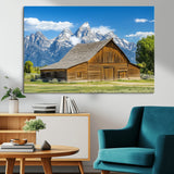 75948467-MGV-CV-36X24-Mountain Barn Scene Wall Art Canvas Print, Framed Rustic Farmhouse Style Art Picture Print, Country Cabin Decor Perfect Rustic
