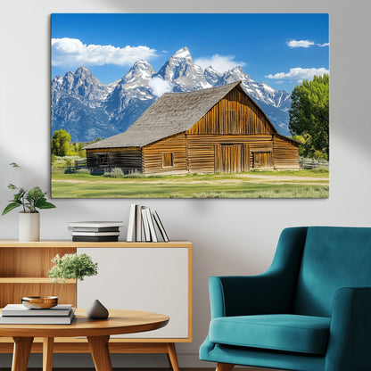 75948467-MGV-CV-36X24-Mountain Barn Scene Wall Art Canvas Print, Framed Rustic Farmhouse Style Art Picture Print, Country Cabin Decor Perfect Rustic