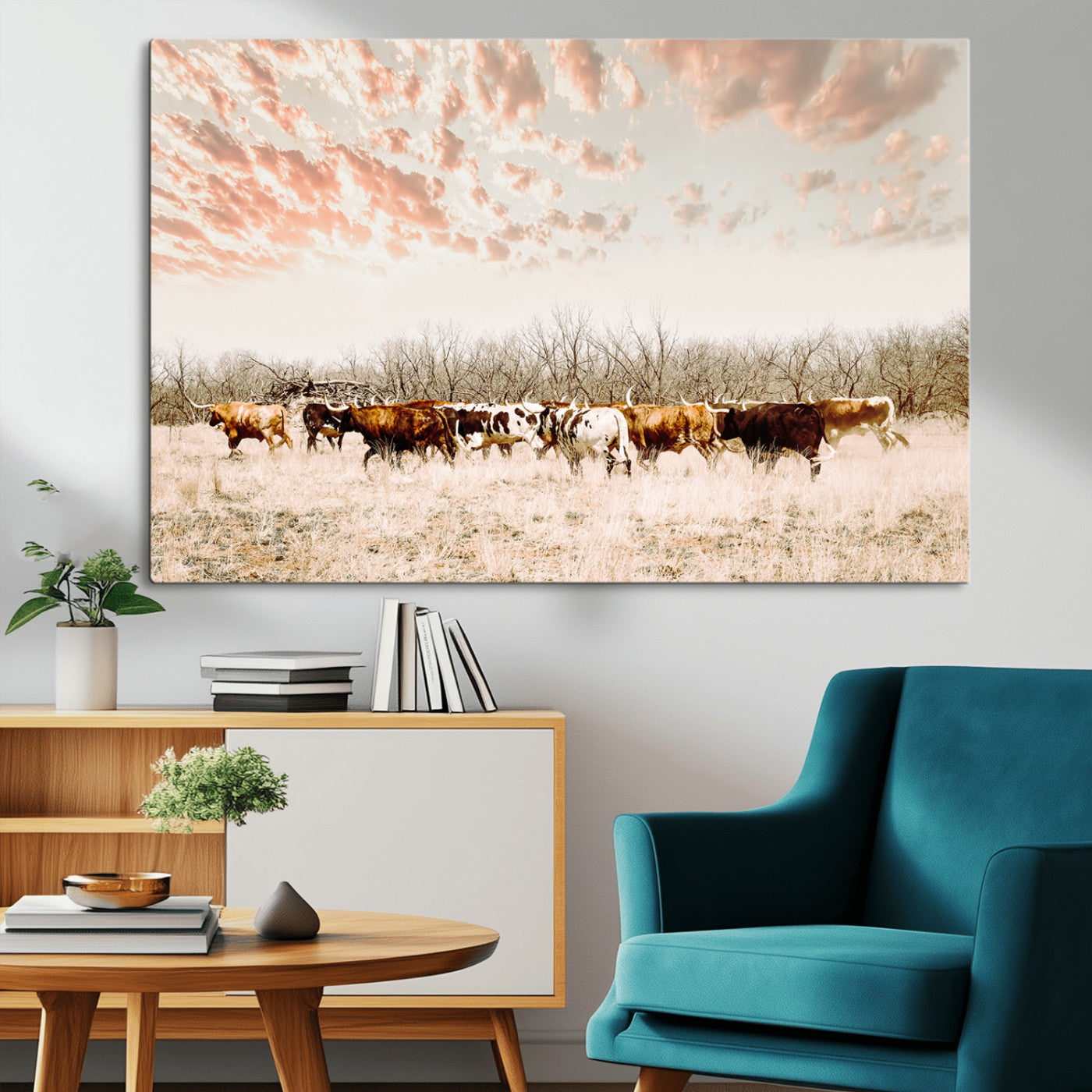 43704663-MGV-CV-36X24-Country Cow Herd Wall Art Canvas Print, Framed Farmhouse Cattle Scene Art Picture Print, Rustic Ranch Decor Perfect Rustic