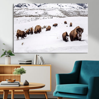 13891210-MGV-CV-36X24-Bison Herd Scene Wall Art Canvas Print, Framed Western Wildlife Decor Art Picture Print, Snowy Mountain Valley Perfect Rustic